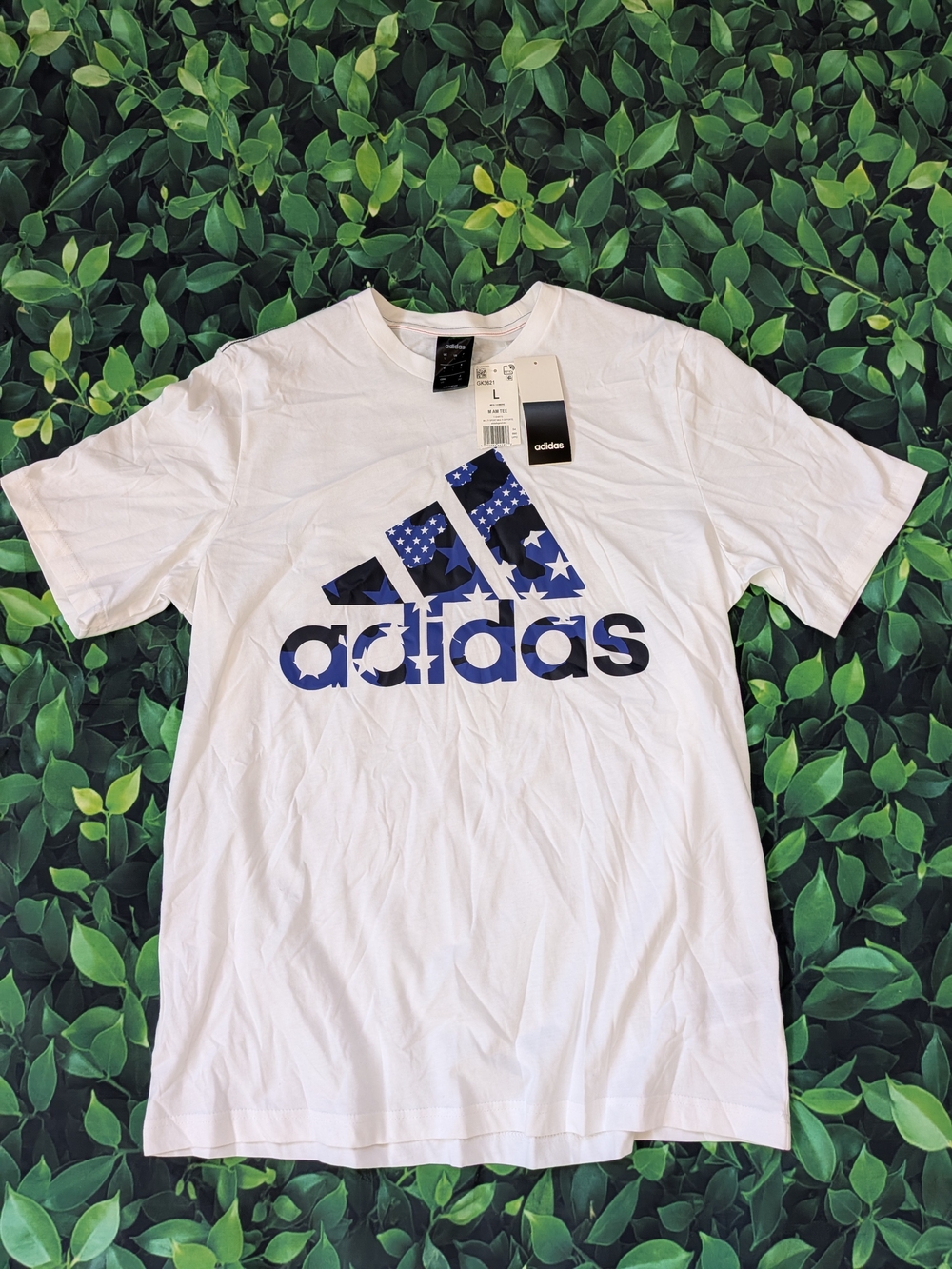Adidas White Short-Sleeve Tee with Blue Patterned Logo
